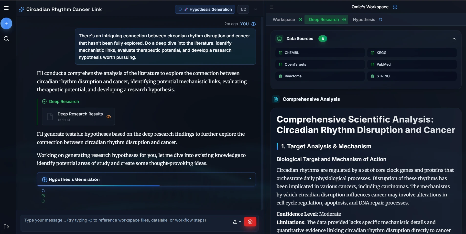 Omic Discover running a deep research pass and generating scored hypotheses from a single question.